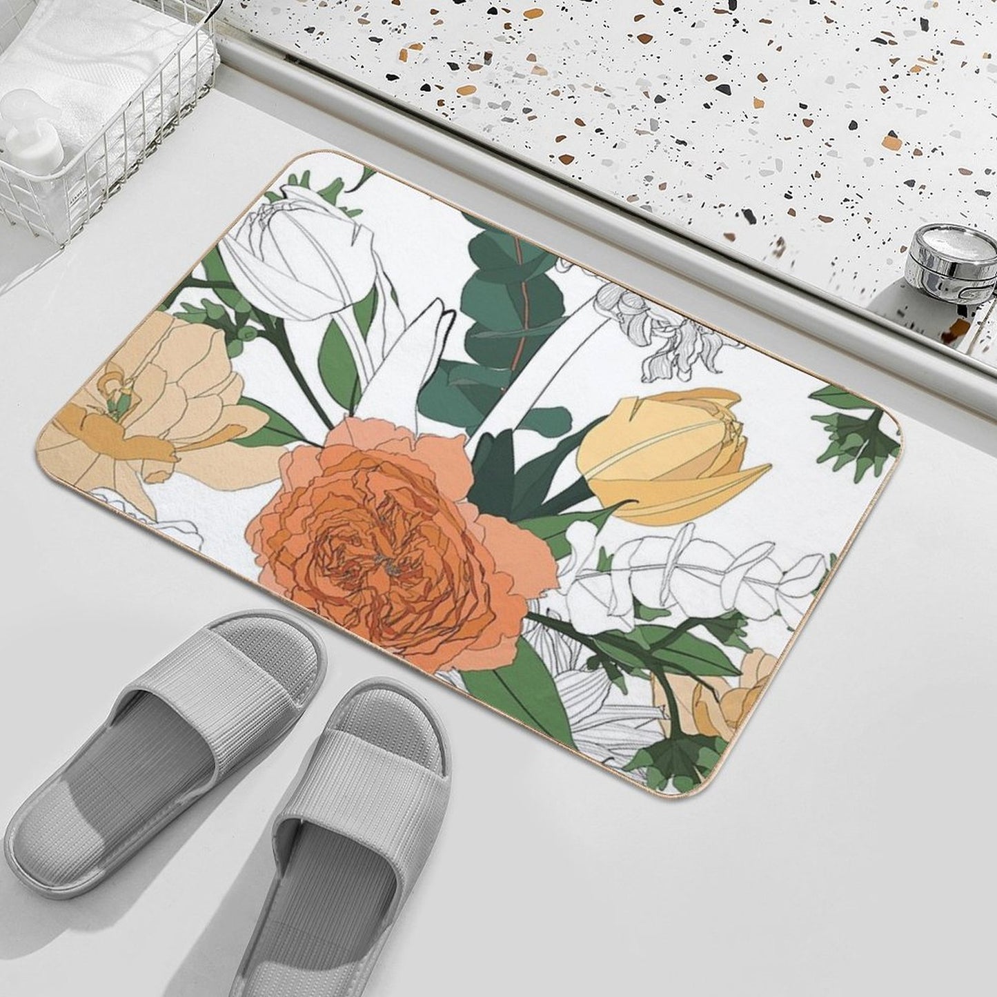 Seamless Delicate Pattern with Spring Line Flowers. Bright Spring  Roses, Tulips Illustration.  Versatile Bath Mat