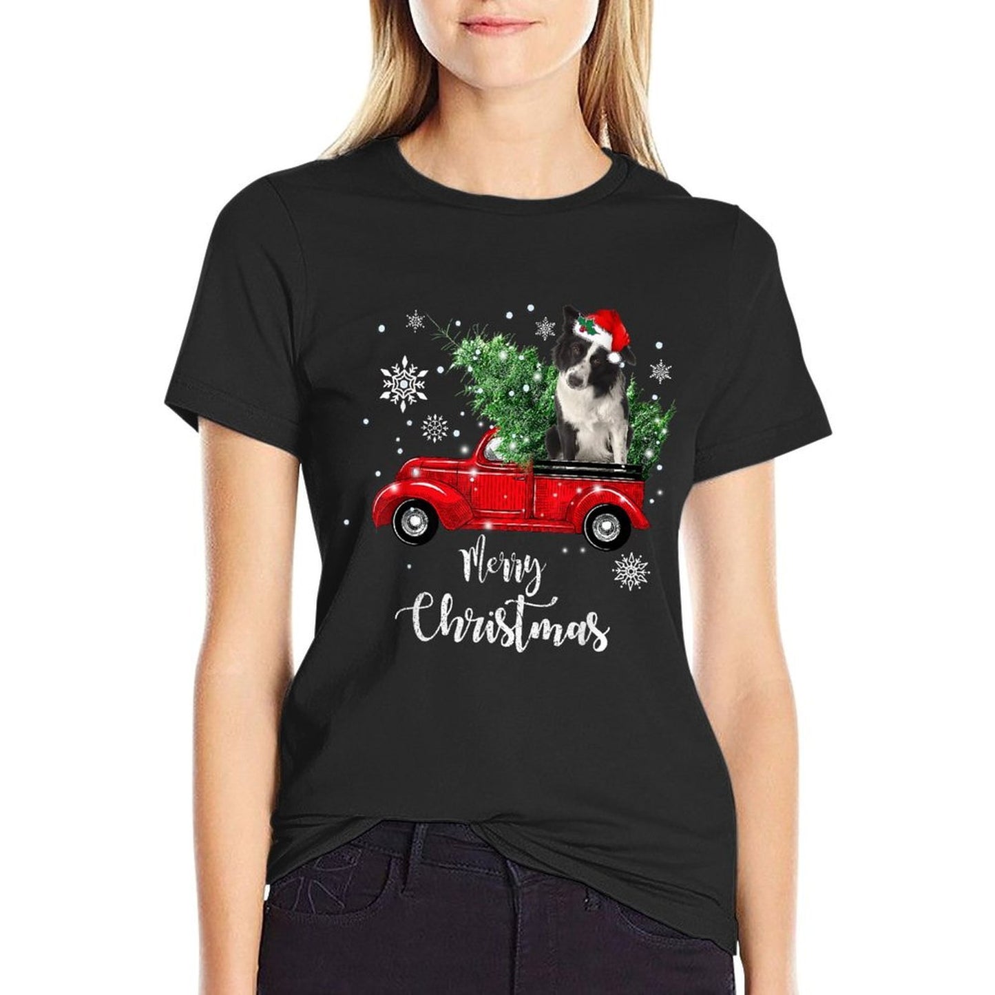 Red Truck Merry Christmas Tree Border Collie Dog Christmas  Ribbed Collar T-Shirt