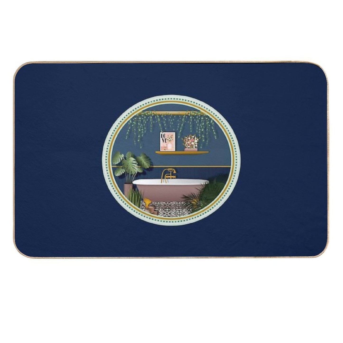 Navy Blue Romantic Victorian Bathroom  Green Botanical Plants Durable Bath Mat