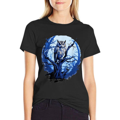 Twilight Blue Impressionist Owl on Skeletal Tree  Fade-proof Color T-Shirt