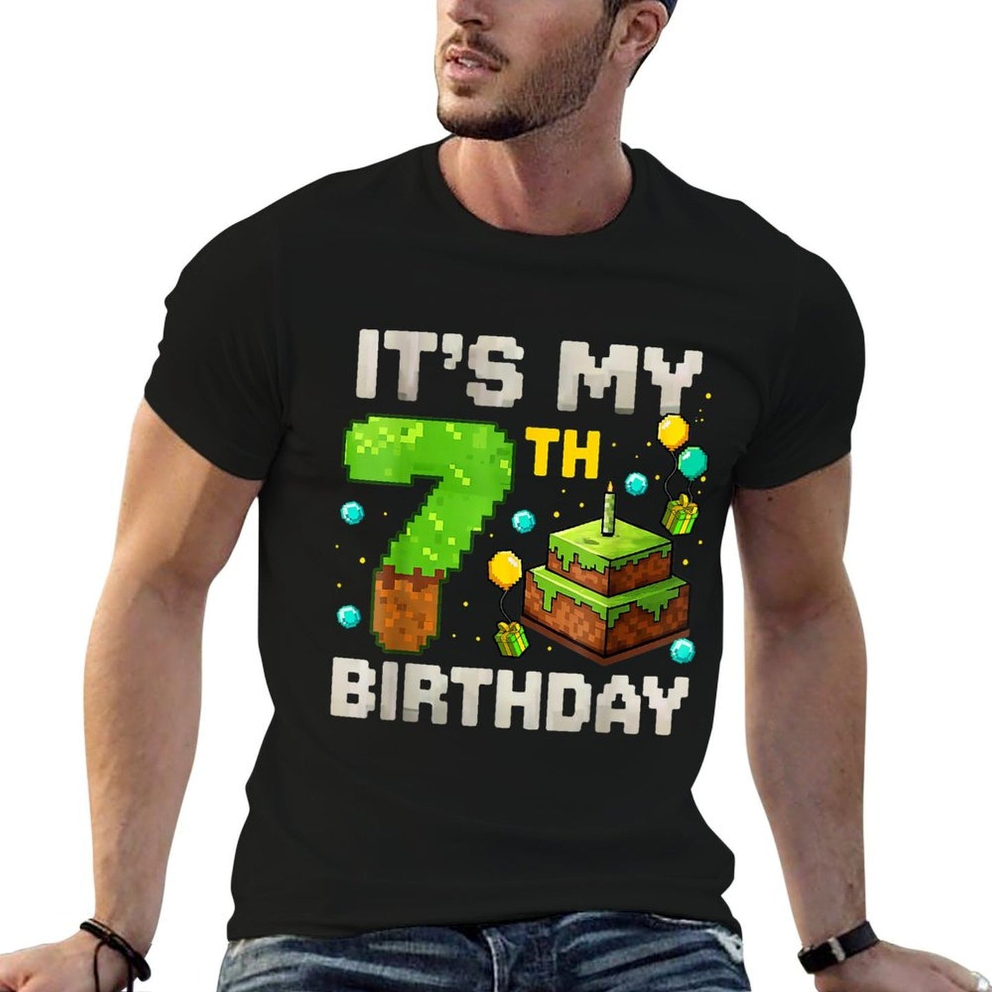 Kids Its My 7th Birthday Gamer Pixel Birthday Boy  Ribbed Collar T-Shirt