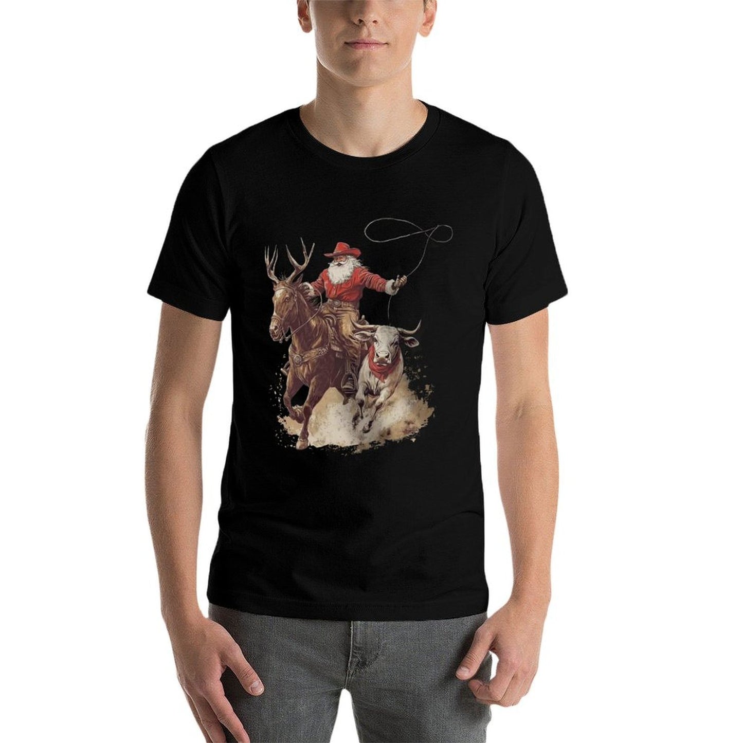 Vintage Rodeo Cowboy Santa Western Roping Horse Reindeer Sweatshirt  Durable T-Shirt