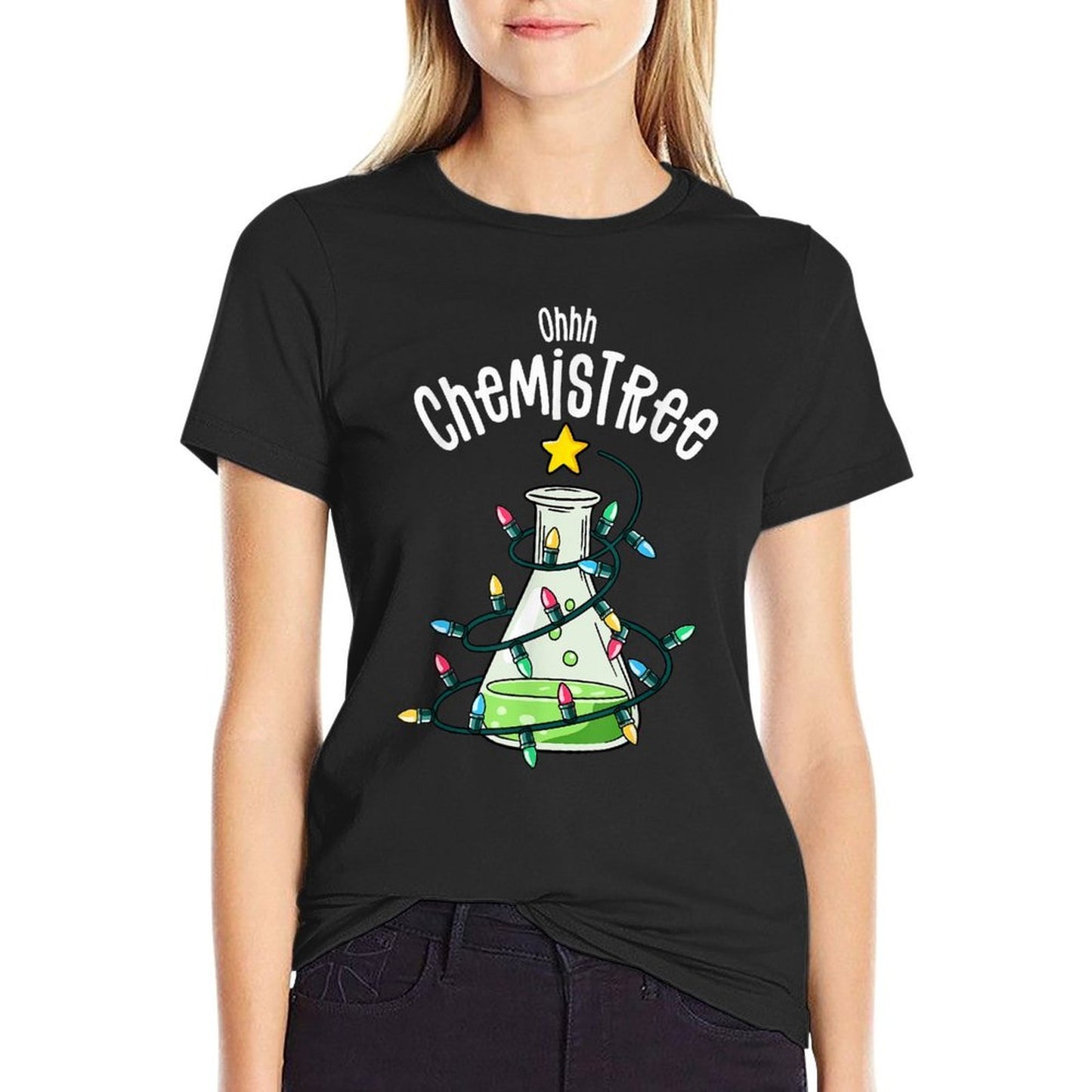 Chemistry by Joy Haus Oh Chemistree Unisex-Adults Black Small Modern Embroidery Cartoon Christmas Holiday Unique Design Crew Nec  Durable T-Shirt