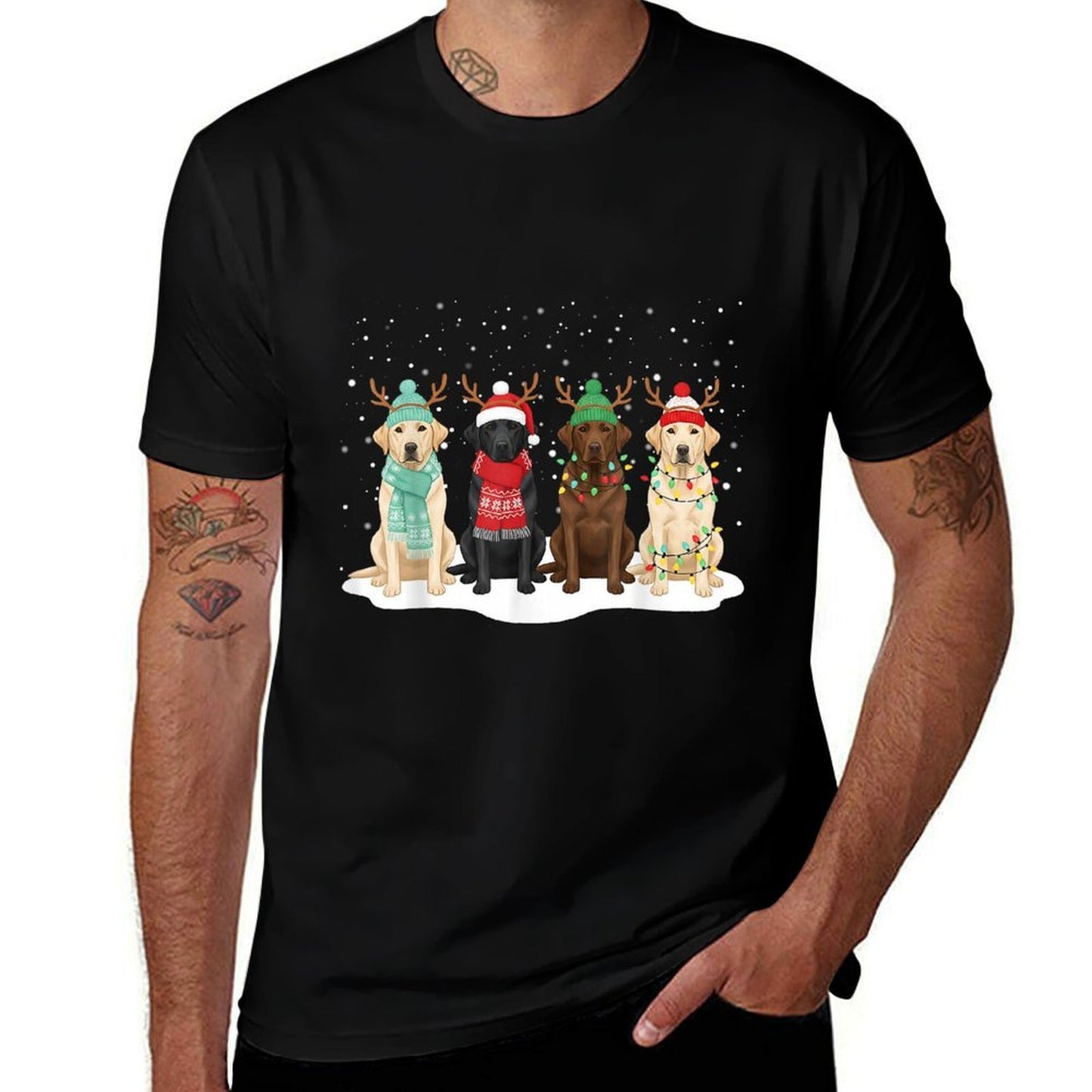 Black Lab Labrador Dog Christmas Crew Matching Family Xmas  Rolled Sleeves T-Shirt