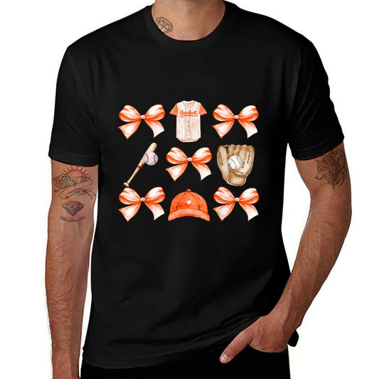 Baseball Game Day Orange Coquette Bow Baseball Mom Retro  Rolled Sleeves T-Shirt