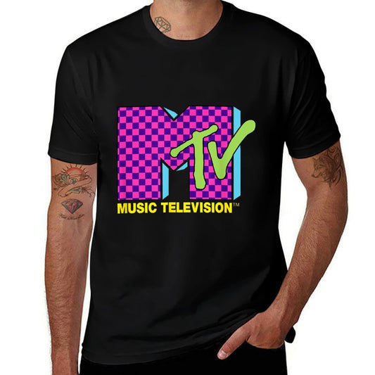 MTV Music Television Retro 80s Neon Pink Checkerboard Logo  Polyester Blend T-Shirt