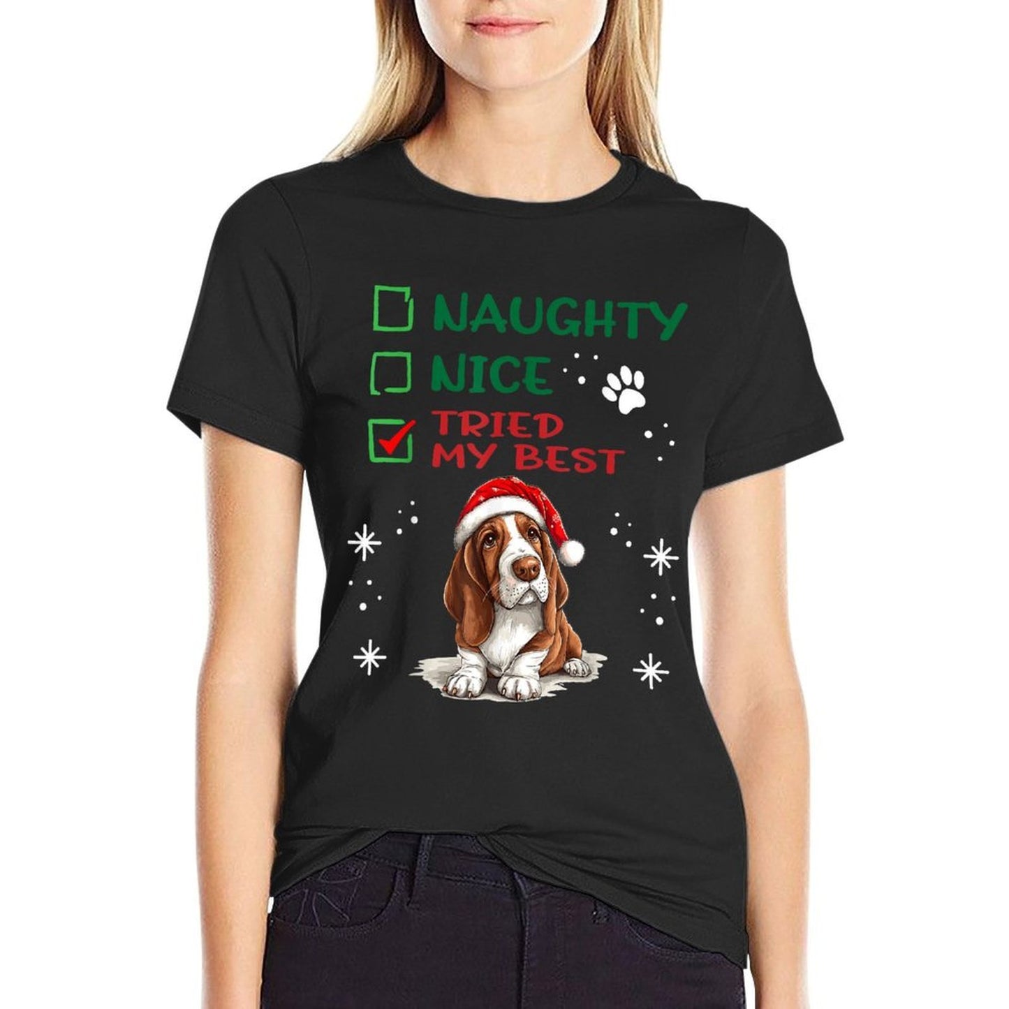 Cute Basset Hound Dog Christmas Naughty Nice Tried My Best for Men Women Kids  Stretchy T-Shirt
