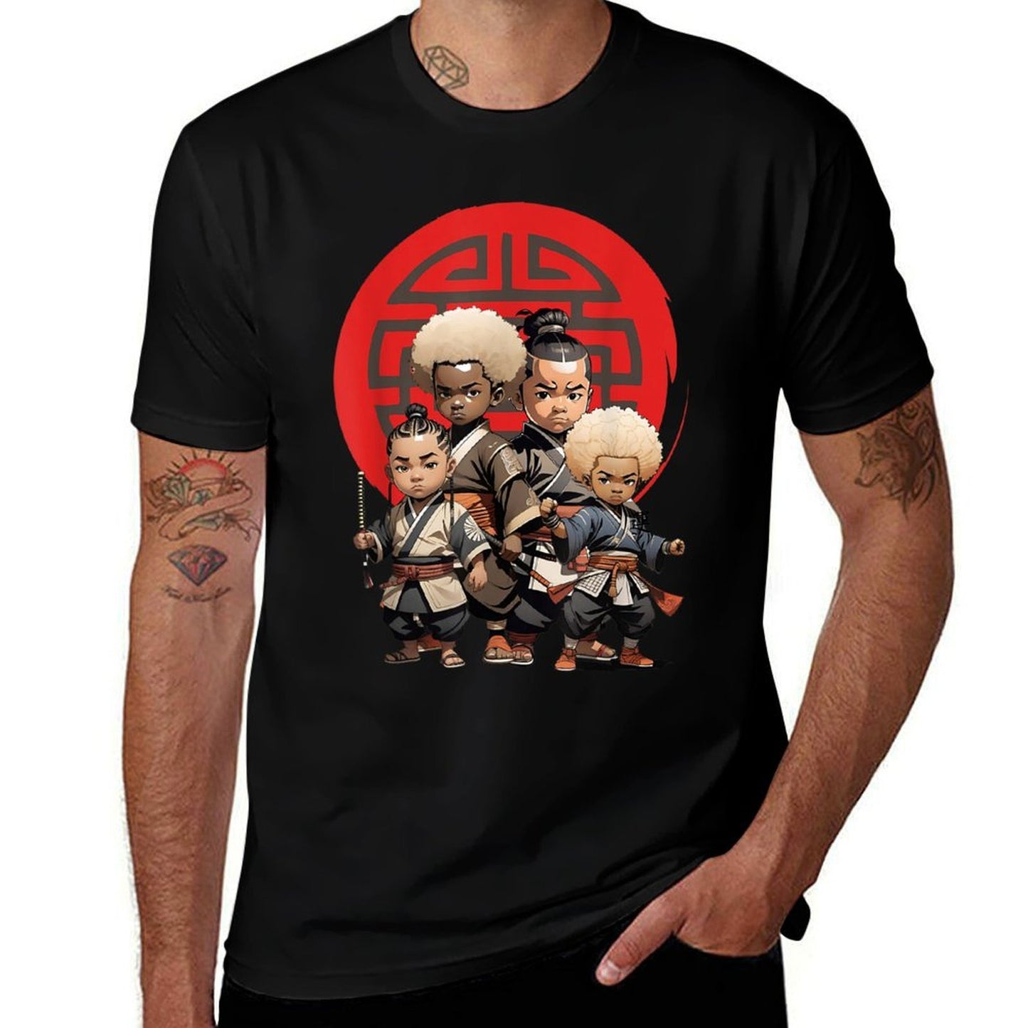 Samurai Boy Anime Afro  Japanese Retro Style  Rolled Sleeves T-Shirt