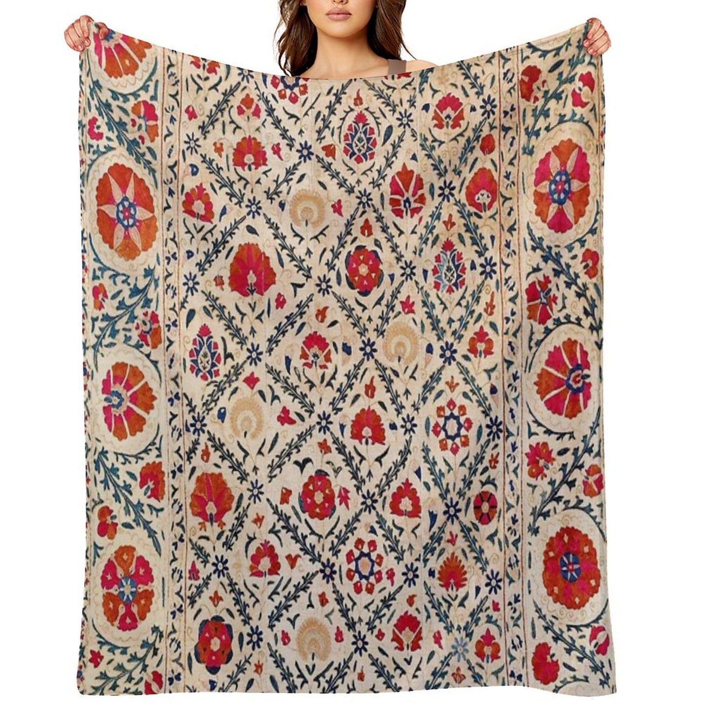Kermina Suzani Uzbekistan Floral Embroidery Print Wrinkle-free Throw Blanket