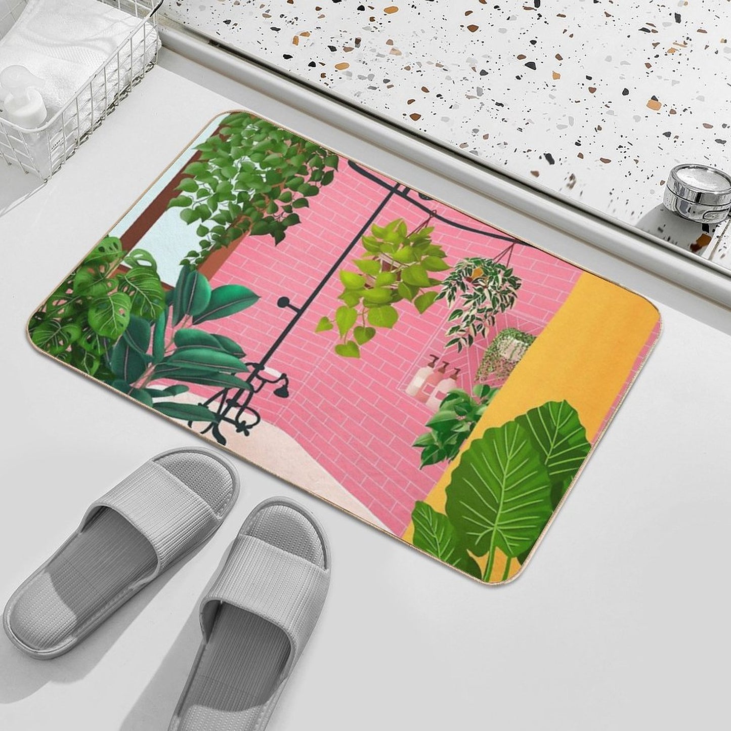 Pink Bathroom With Plants Durable Bath Mat