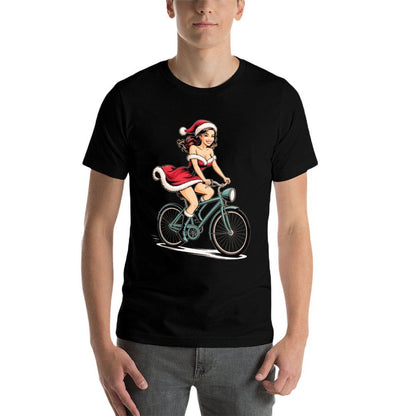 Pinup Christmas Santa Girl on Bicycle Vintage Retro Holiday  Ribbed Collar T-Shirt