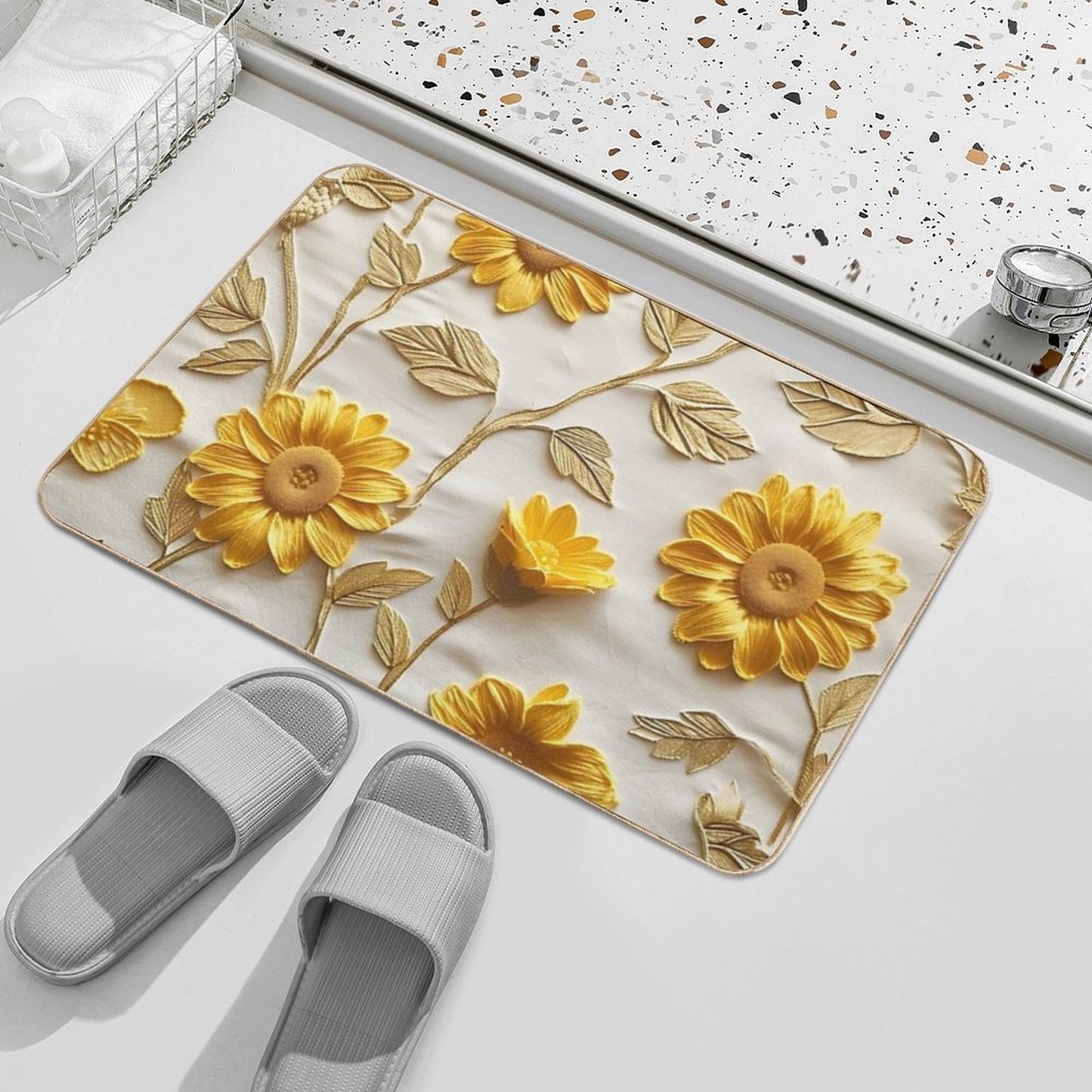 Textured Yellow And White Sunflower Pattern  Slip-Resistant Bath Mat