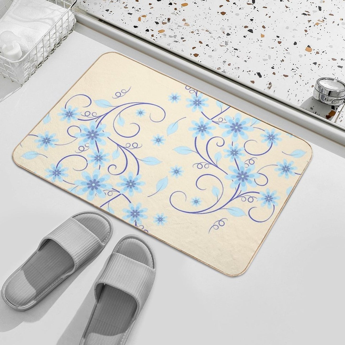 Blue Flowers (Sunny Beige)  Eco-Friendly Bath Mat
