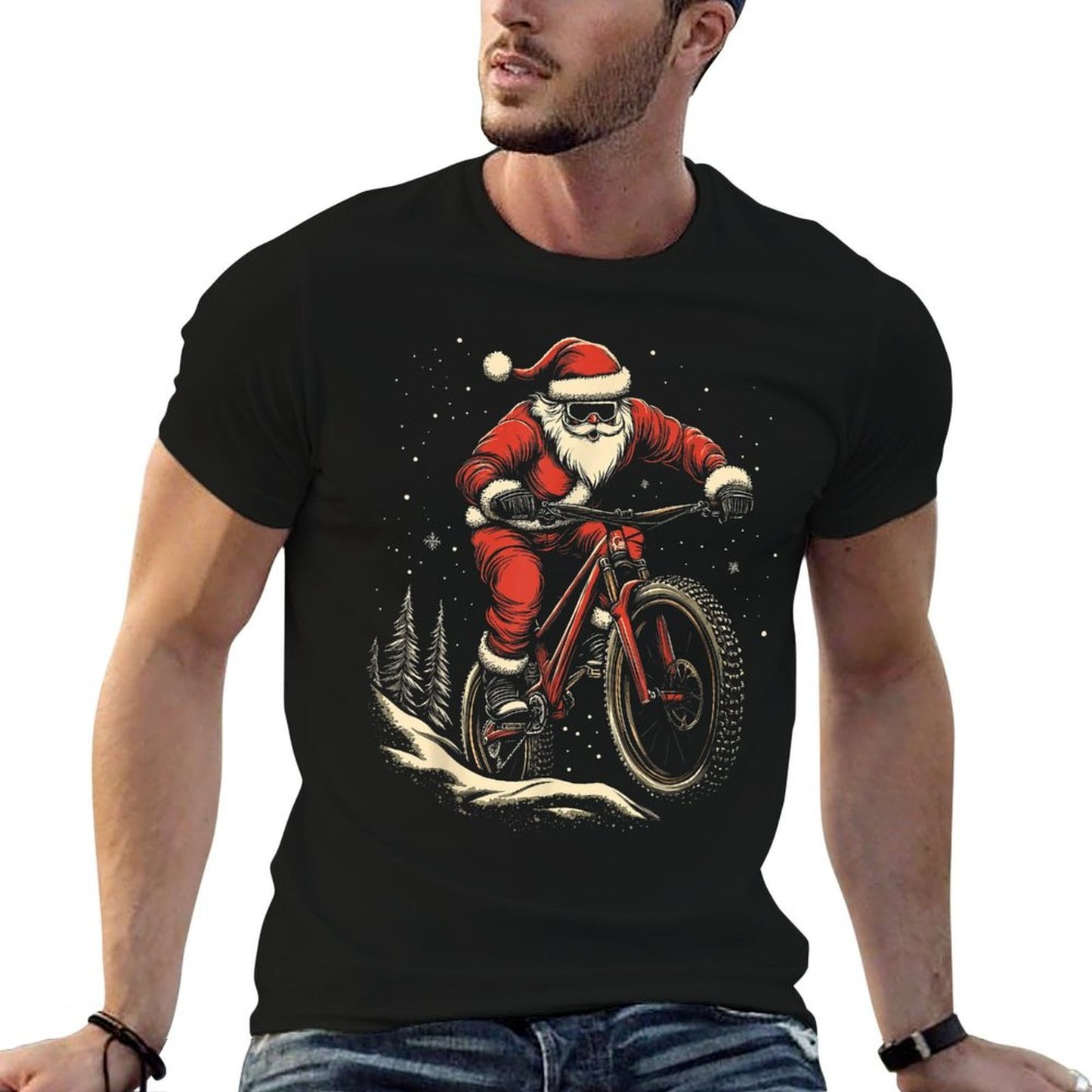 Santa Claus Riding Mountain Bike Christmas Funny MTB Biker  Tagless Design T-Shirt