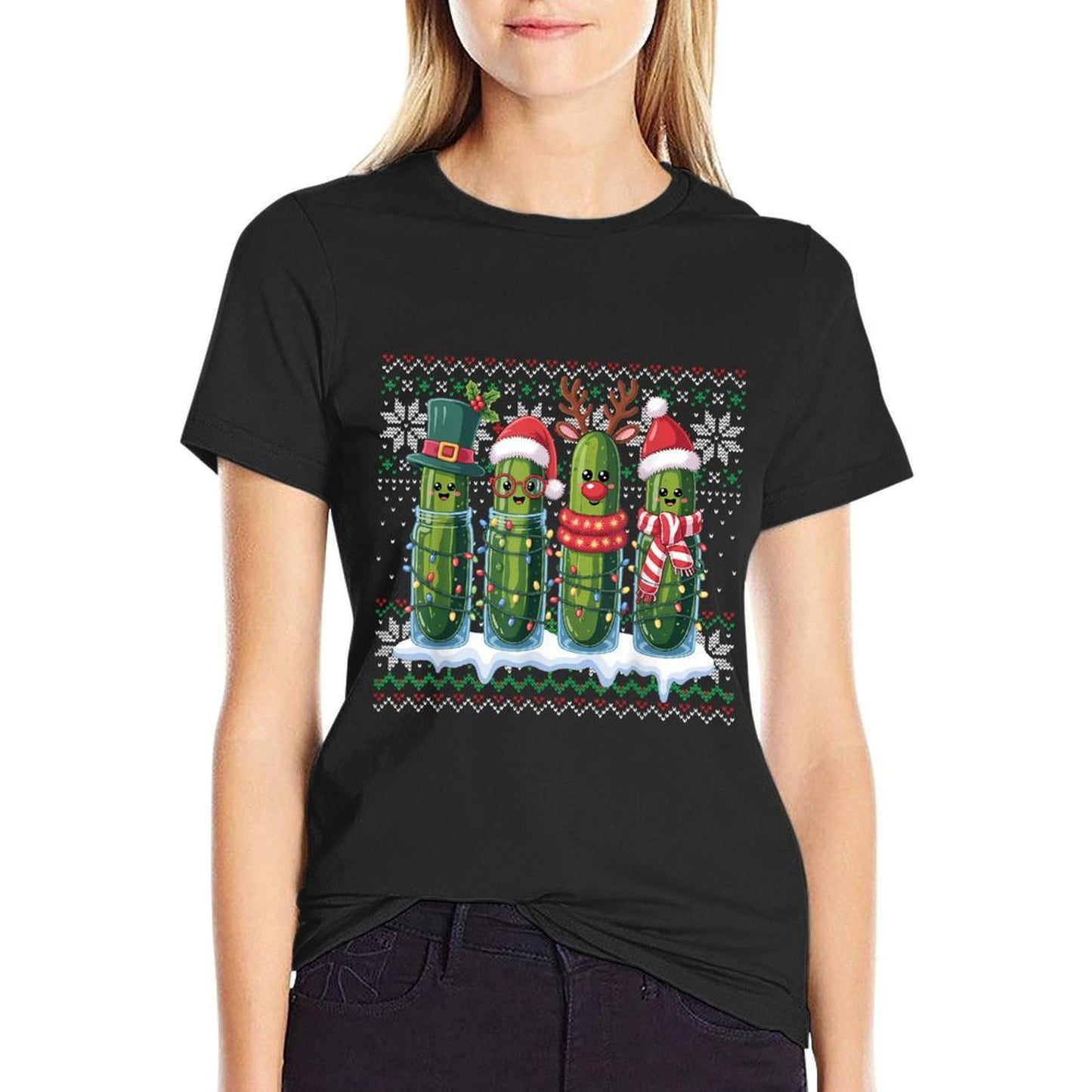 Funny Pickles Christmas Lights Santa Hat Xmas Ugly Sweater  Heathered Texture T-Shirt