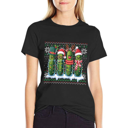 Funny Pickles Christmas Lights Santa Hat Xmas Ugly Sweater  Heathered Texture T-Shirt