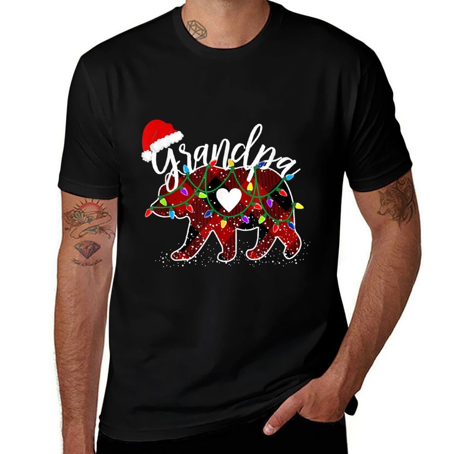 Grandpa Bear Christmas Red Buffalo Plaid Santa Hat Lights  Tagless Design T-Shirt