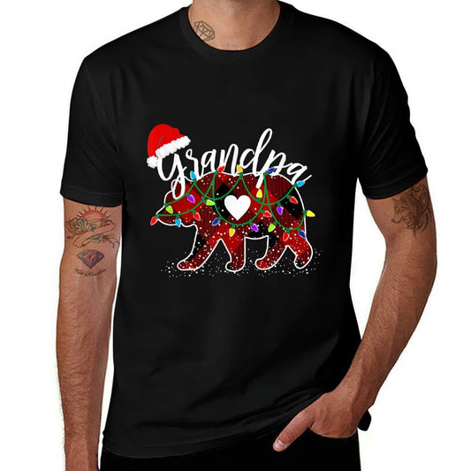 Grandpa Bear Christmas Red Buffalo Plaid Santa Hat Lights  Tagless Design T-Shirt