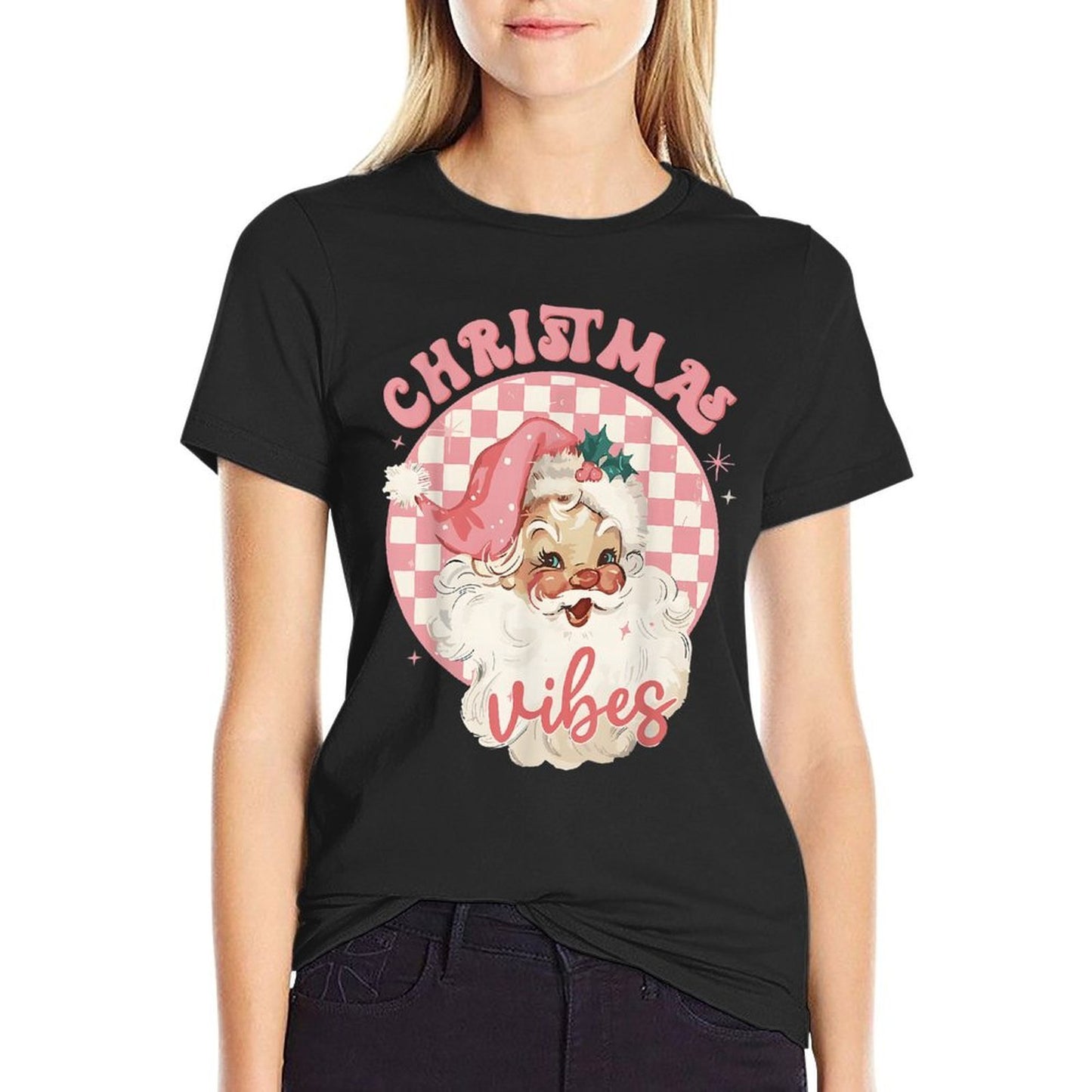 Christmas Vibes Pink Santa Claus Disco Vintage Xmas Holiday Comfortable T-Shirt