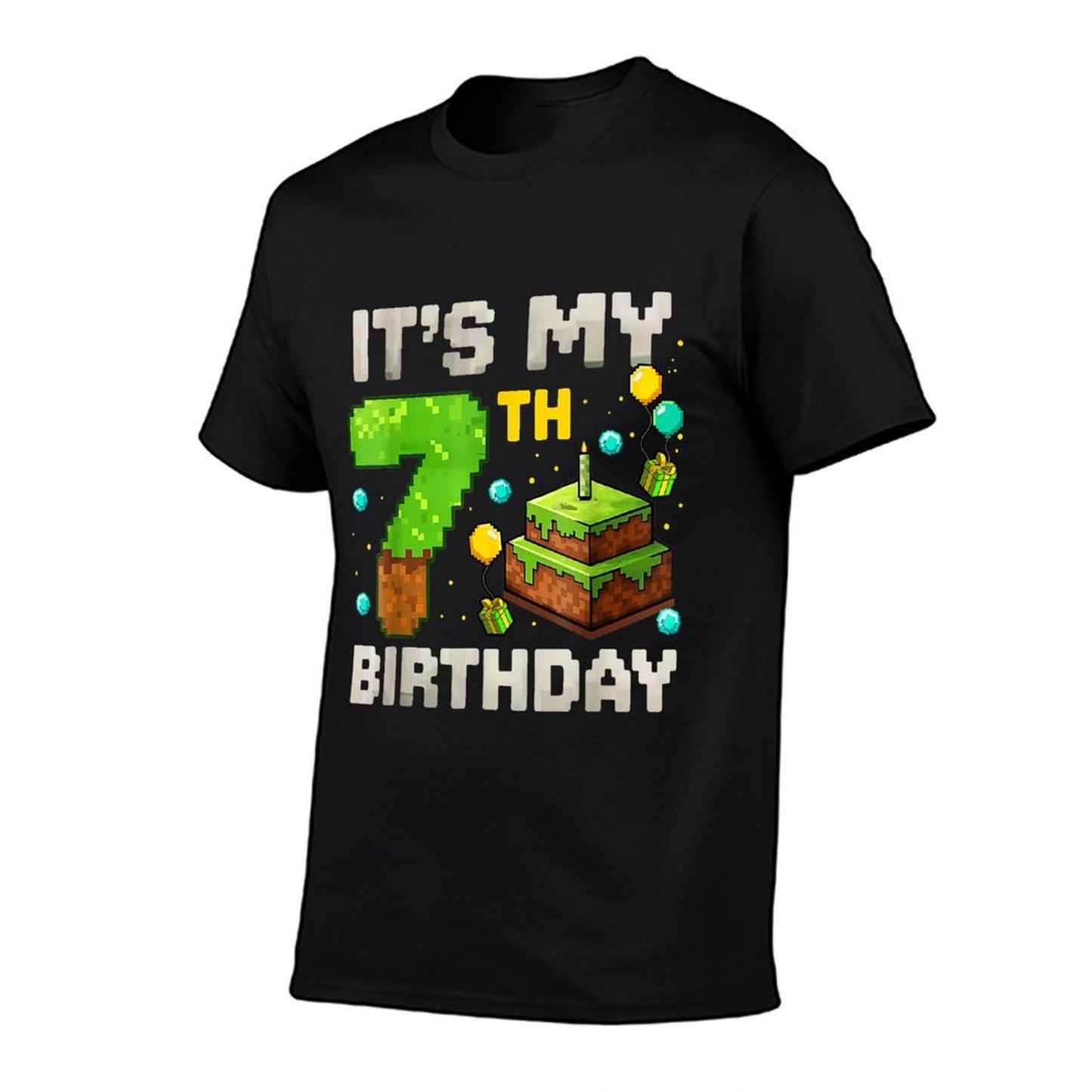 Kids Its My 7th Birthday Gamer Pixel Birthday Boy  Ribbed Collar T-Shirt