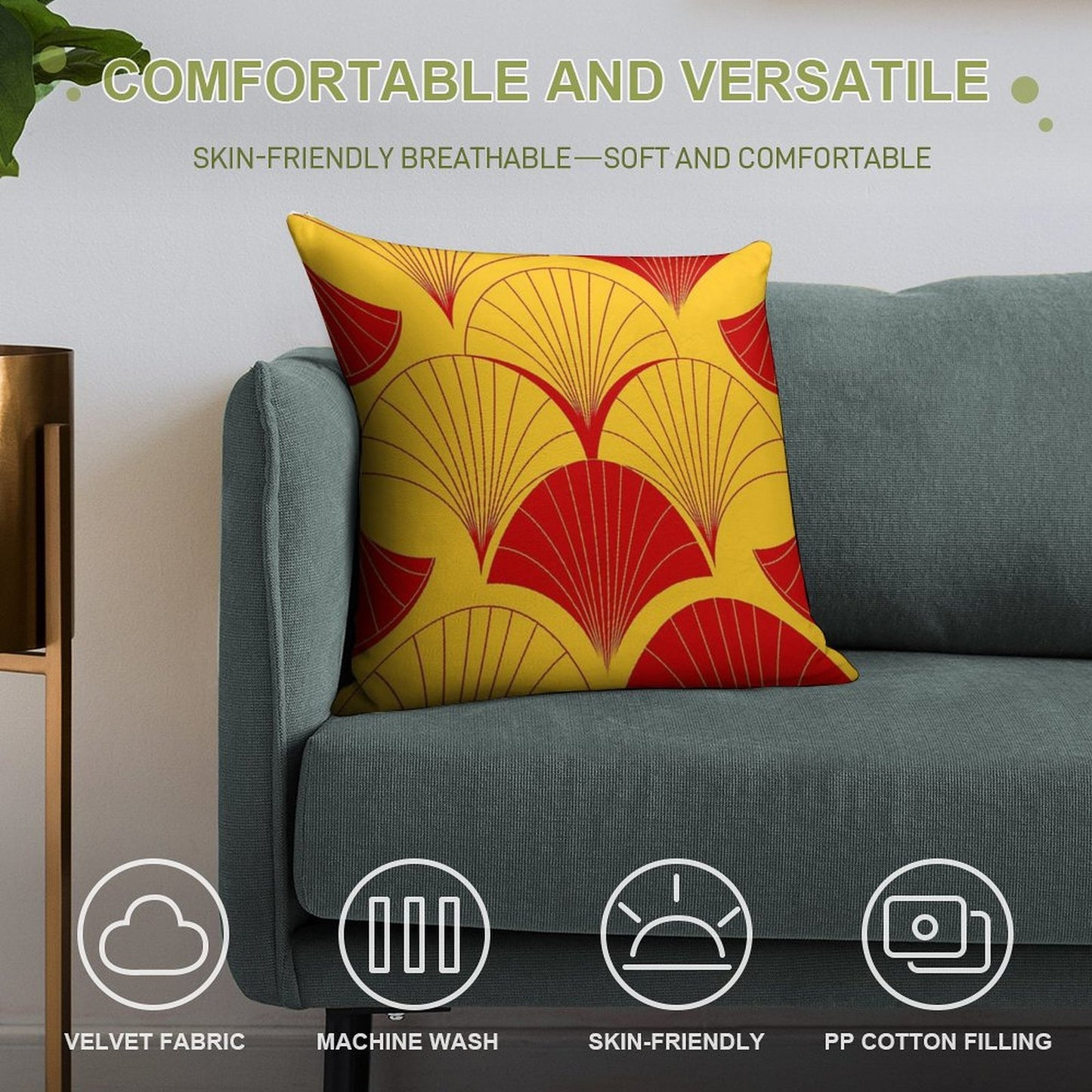 Asian Art Deco Red And Yellow Fan Pattern Soft Durable Construction Throw Pillow