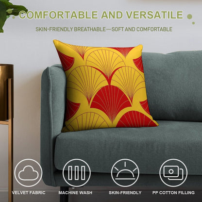 Asian Art Deco Red And Yellow Fan Pattern Soft Durable Construction Throw Pillow