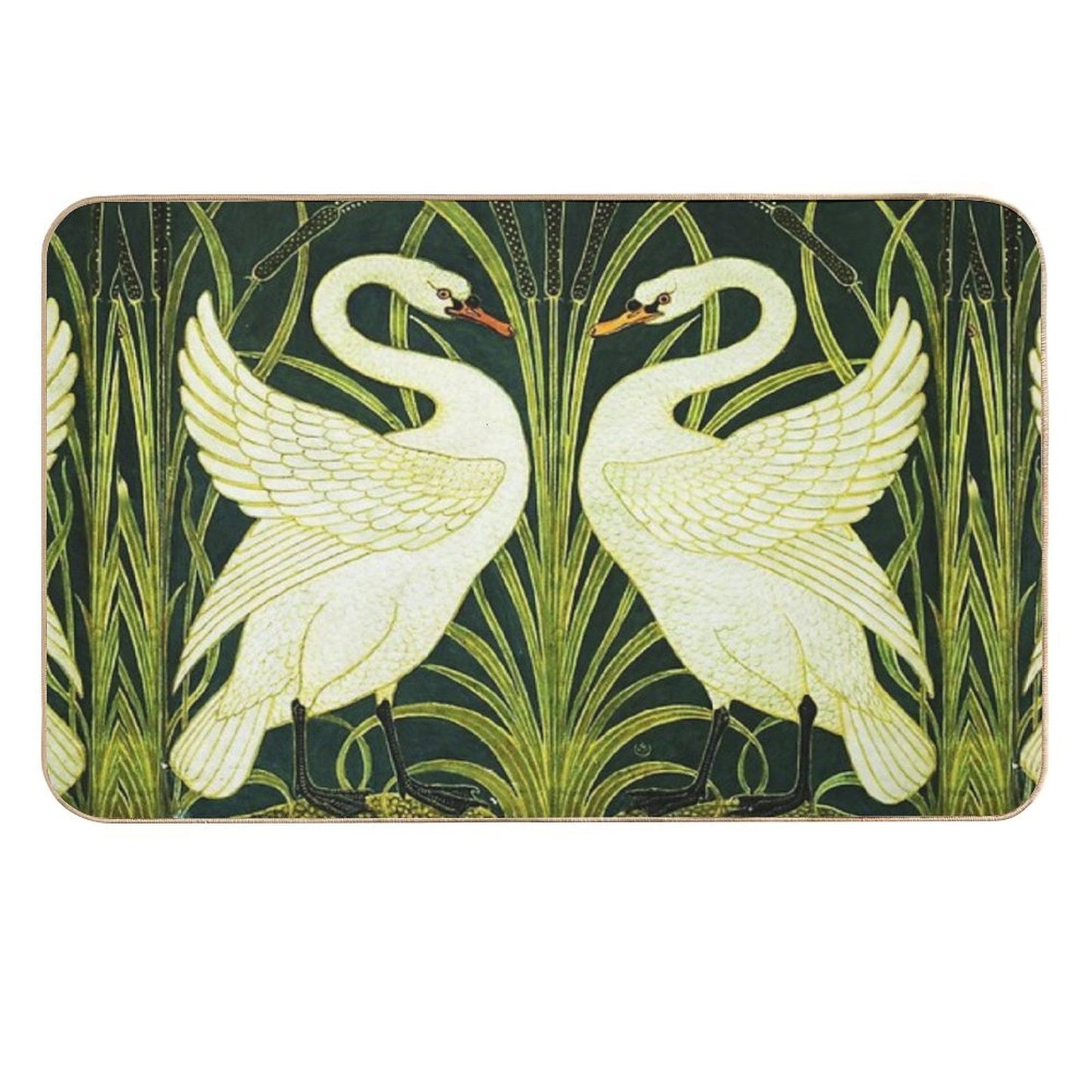TWO WHITE SWANS AMONG REEDS IN GREEN Art Nouveau Animals  Dirt-Trapping Bath Mat