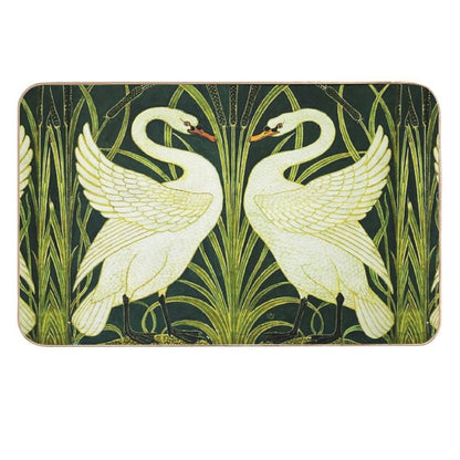 TWO WHITE SWANS AMONG REEDS IN GREEN Art Nouveau Animals  Dirt-Trapping Bath Mat