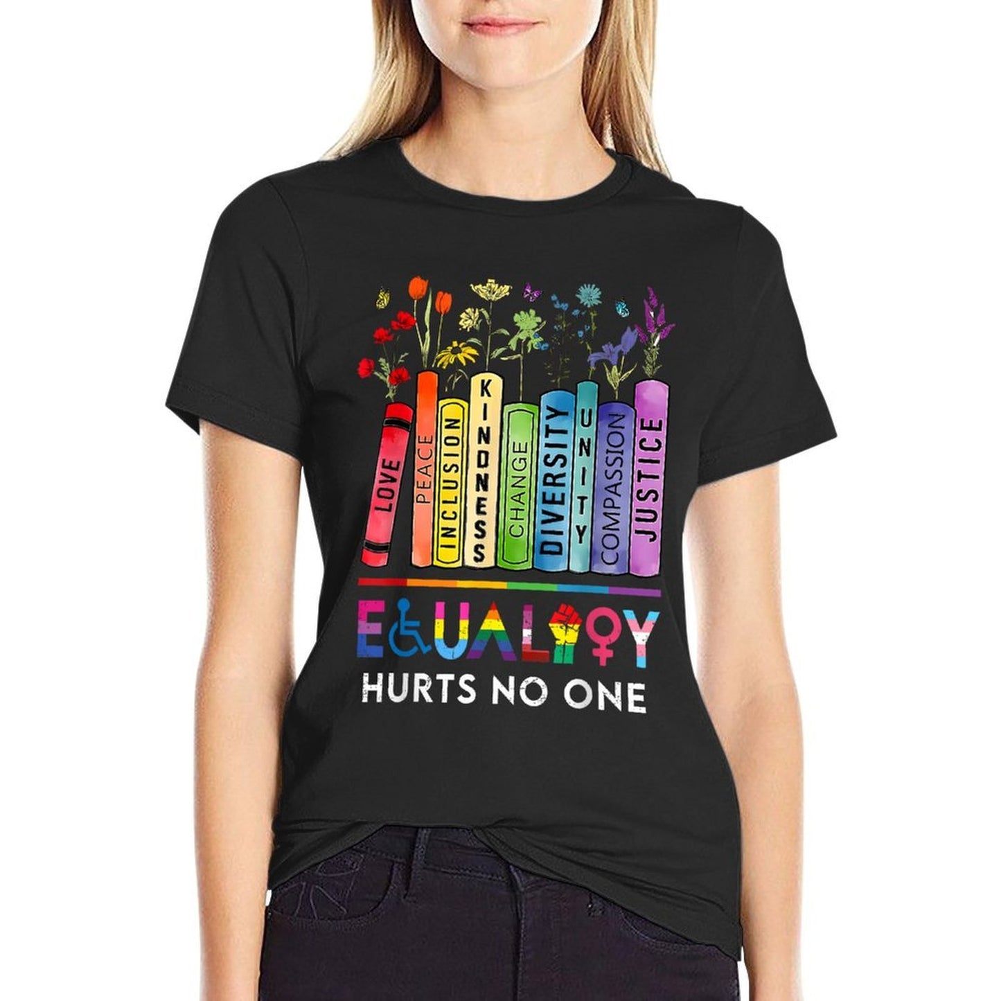 Equality Hurts No One Book Flower Rainbow Pride Month LGBTQ  Relaxed-fit T-Shirt