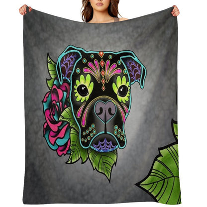Boxer in Black- Day of The Dead Sugar Skull Dog Anti-pilling Throw Blanket