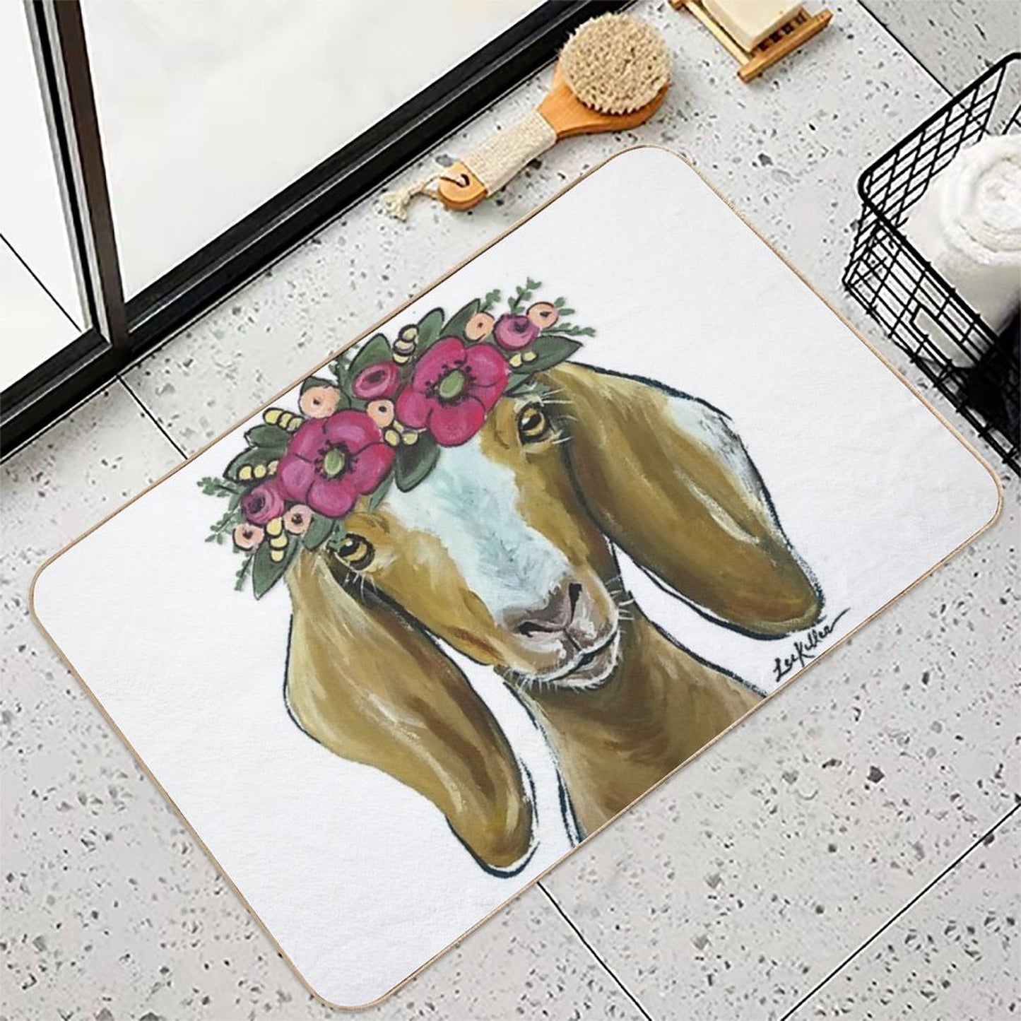 Goat with Flower Crown Art  Versatile Bath Mat