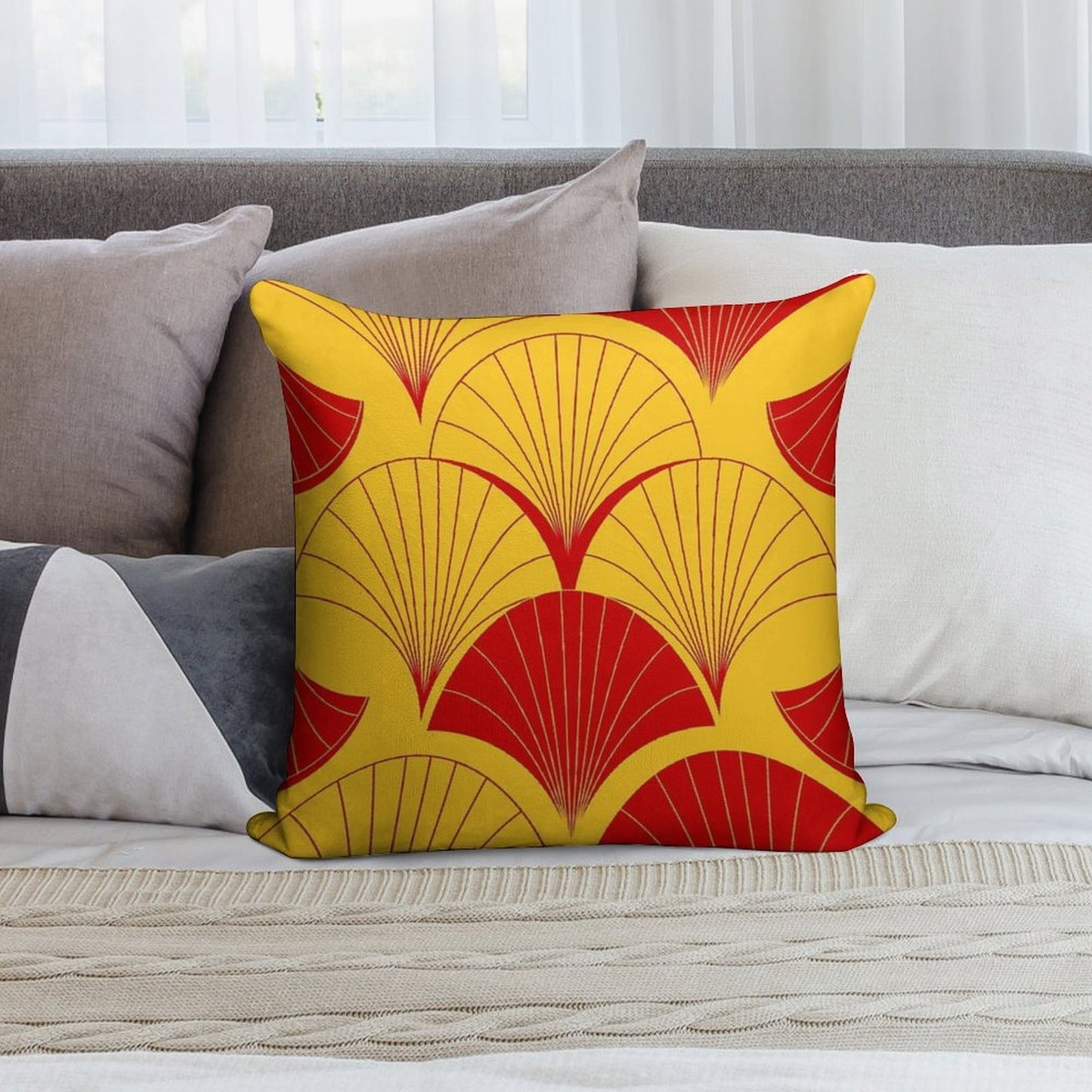Asian Art Deco Red And Yellow Fan Pattern Soft Durable Construction Throw Pillow