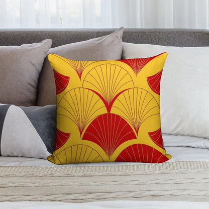 Asian Art Deco Red And Yellow Fan Pattern Soft Durable Construction Throw Pillow