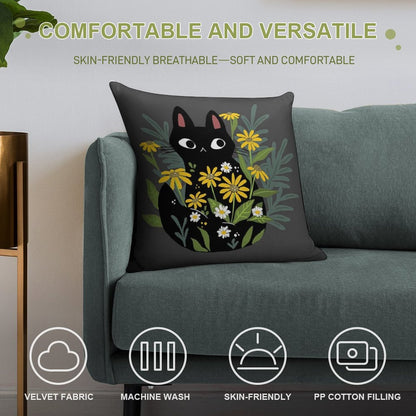 Black Cat with Flowers Soft Anti-Pilling Throw Pillow