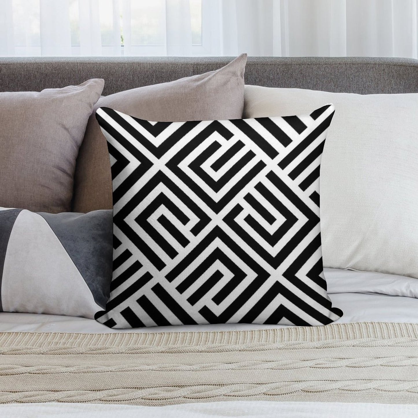 LABYRINTH TILES PATTERN BLACK AND WHITE, BY SUBGIRL Soft Multiple Sizes Throw Pillow