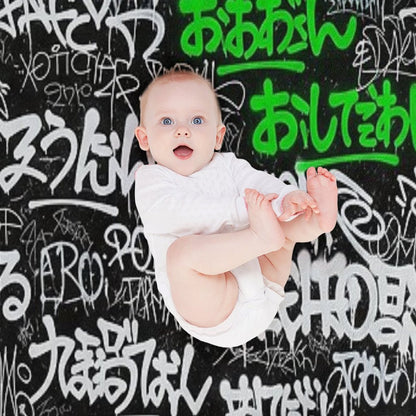 Japanese Graffiti Tags White & Lime Green on Black Sustainable Throw Blanket