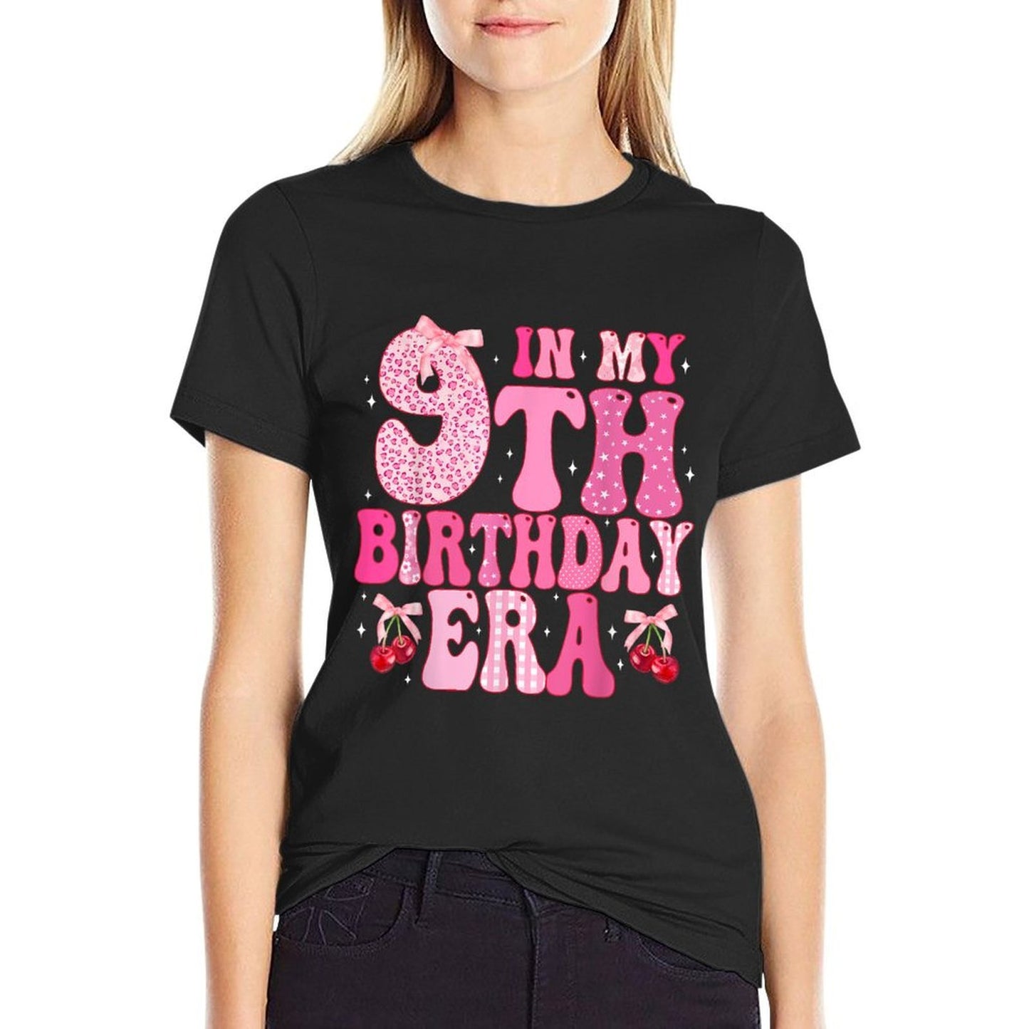 Kids In My 9th Birthday Era Girl Coquette Bow Cherry Theme  Tagless Design T-Shirt