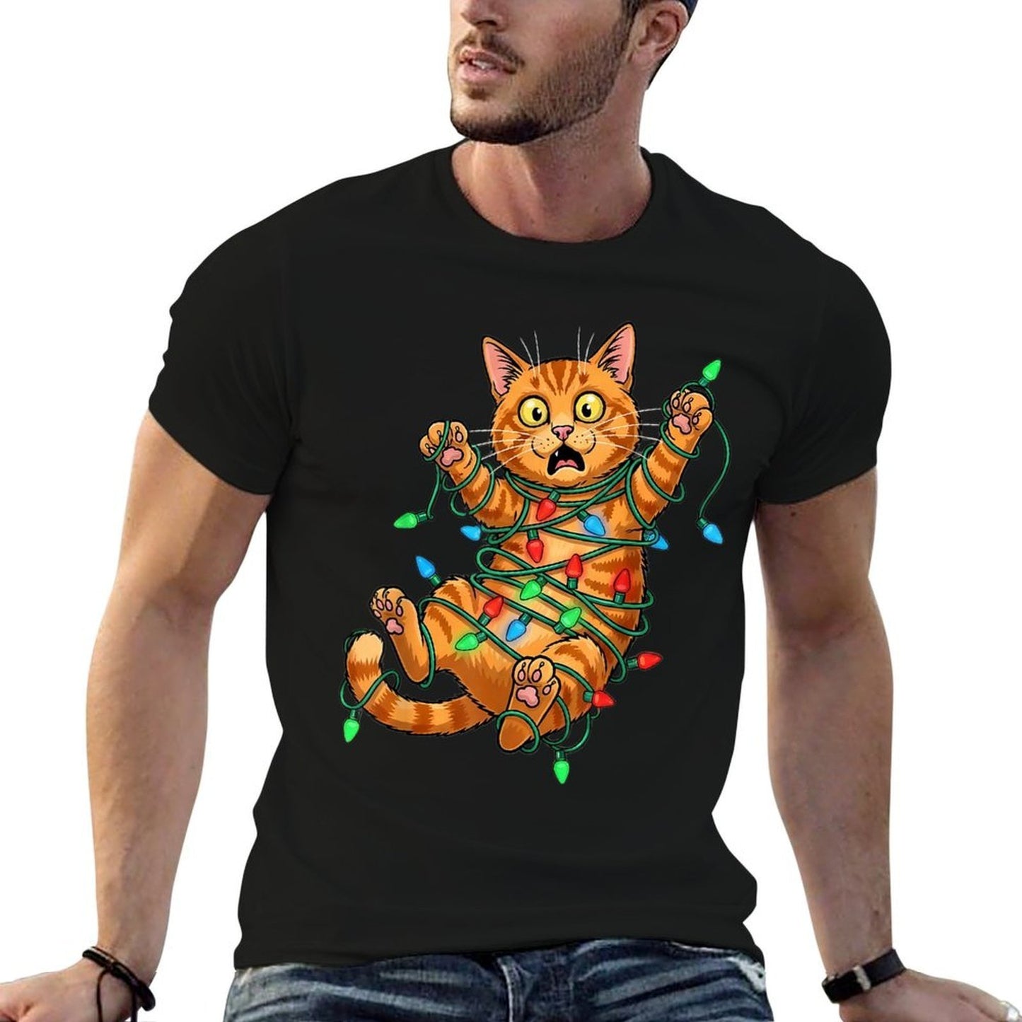 Funny Orange Cat Christmas Light Catmus  Ribbed Collar T-Shirt
