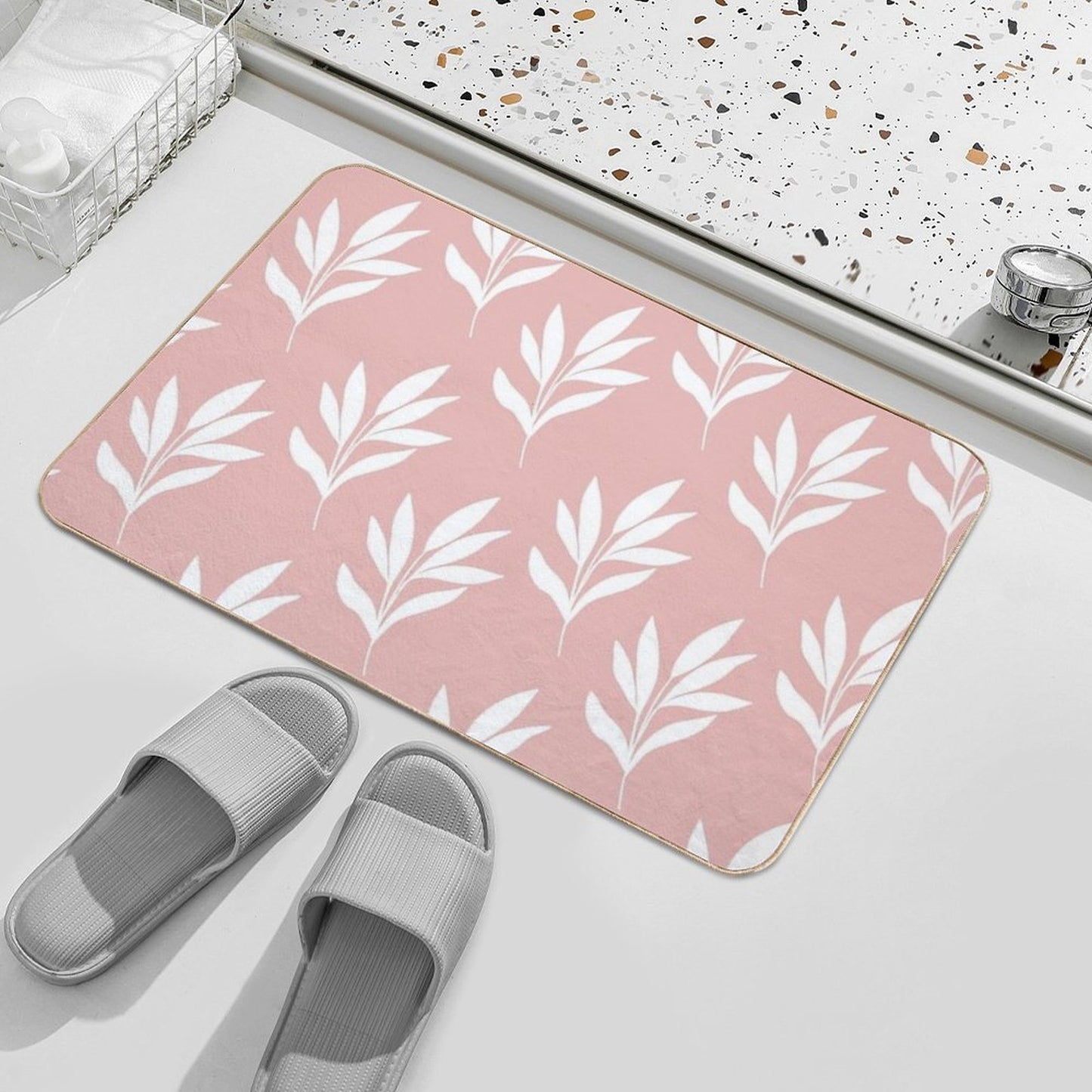 Minimal White Leaves Pattern Design with Blush Background  Pet-Safe Bath Mat