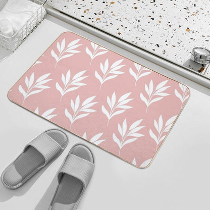Minimal White Leaves Pattern Design with Blush Background  Pet-Safe Bath Mat