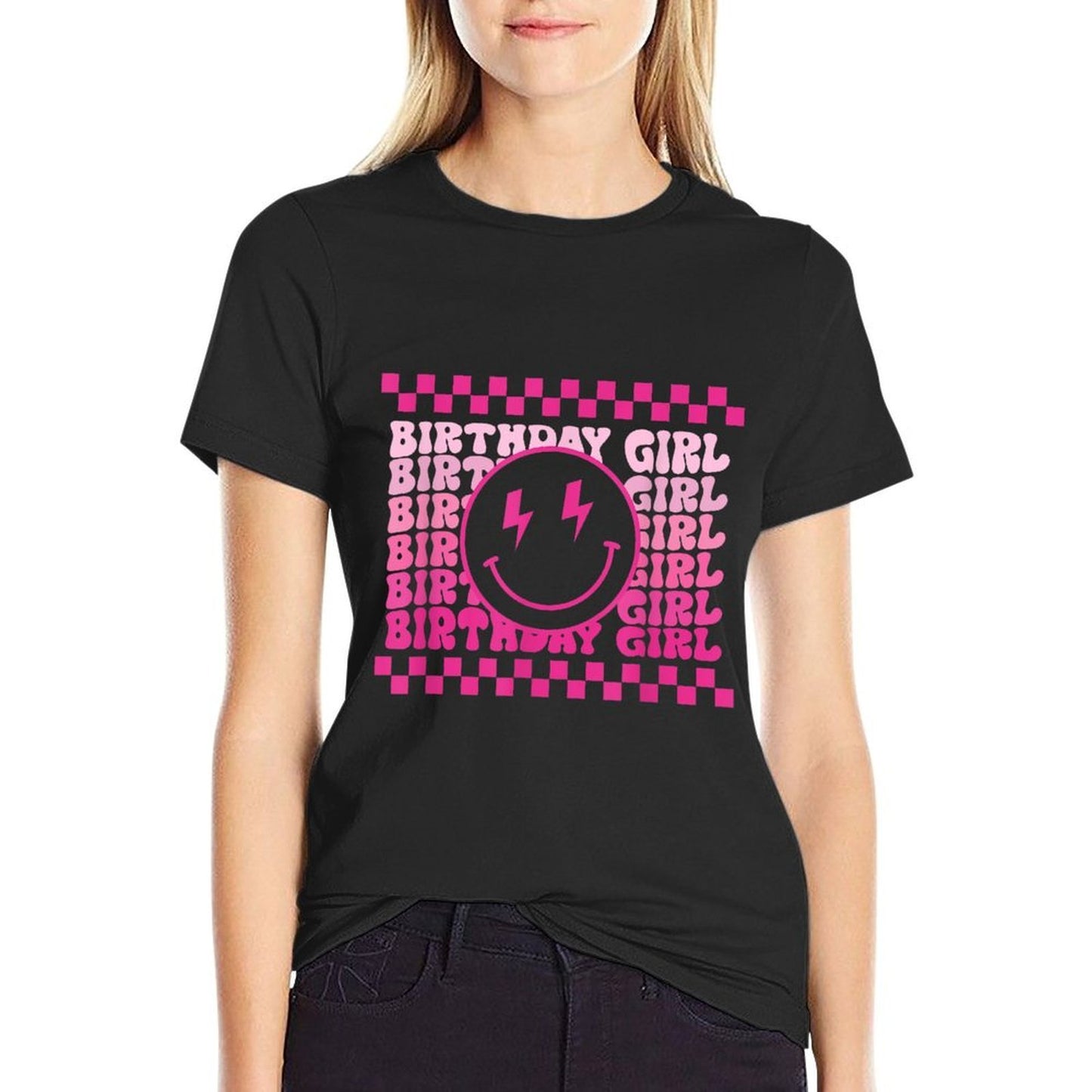 Birthday Girls Groovy Smile Face Checkered Birthday Party  Classic T-Shirt