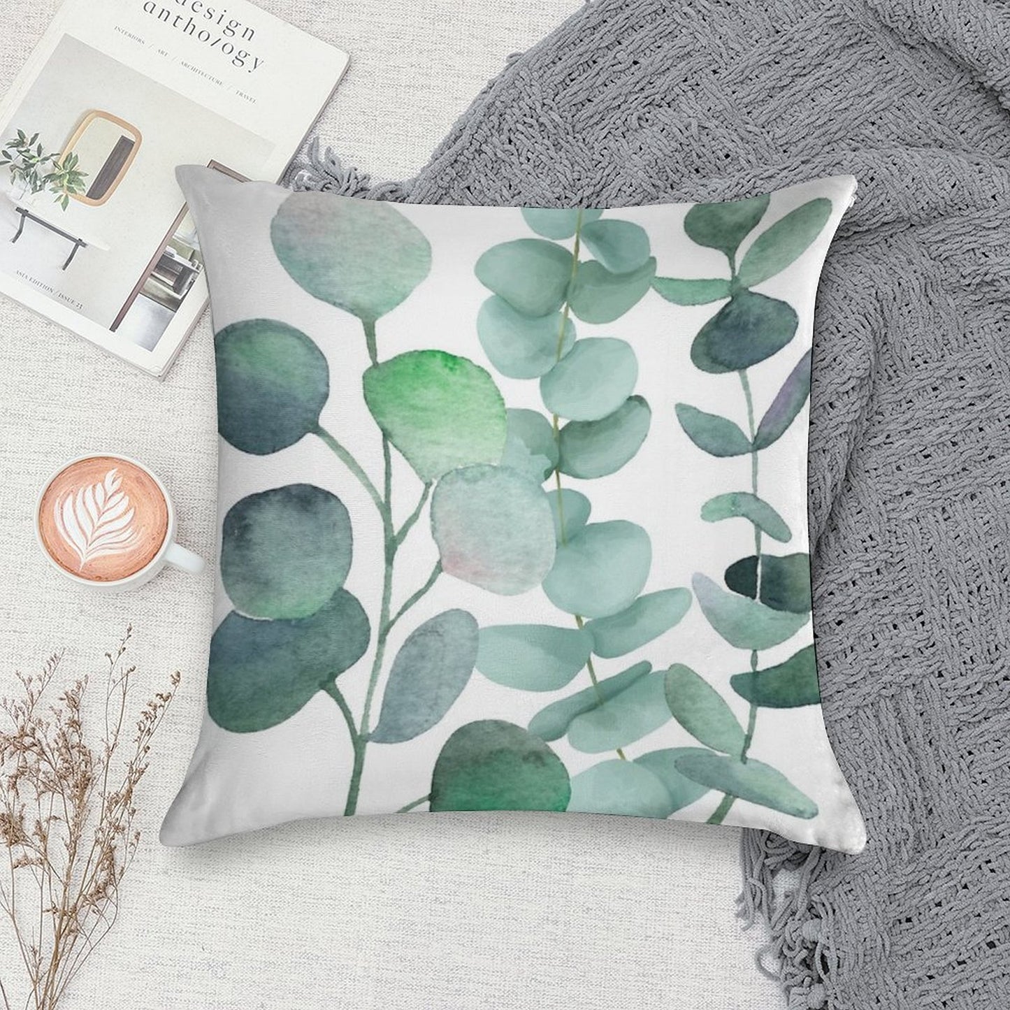Watercolor, Eucalyptus, Leaves, Botanical, Painting, Green Soft Shrink-Resistant Throw Pillow