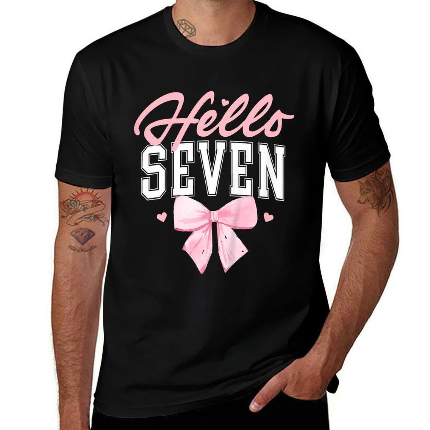 Kids Hello Seven Cute Coquette Bow 7th Birthday Girl 7-Year-Old  Breathable T-Shirt