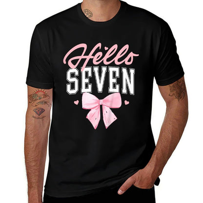 Kids Hello Seven Cute Coquette Bow 7th Birthday Girl 7-Year-Old  Breathable T-Shirt