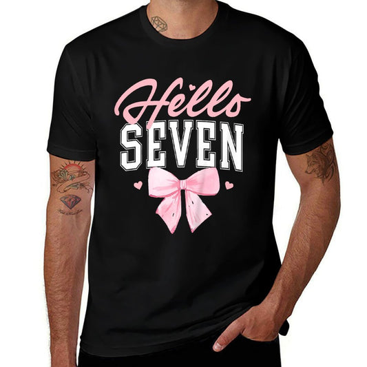 Kids Hello Seven Cute Coquette Bow 7th Birthday Girl 7-Year-Old  Breathable T-Shirt