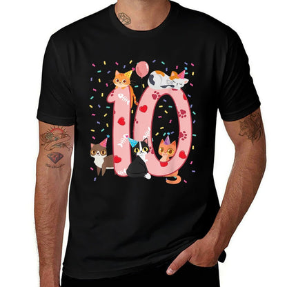 10th Birthday Girl Cute Cat Outfit 10 Years Old Bday Party  Cotton T-Shirt