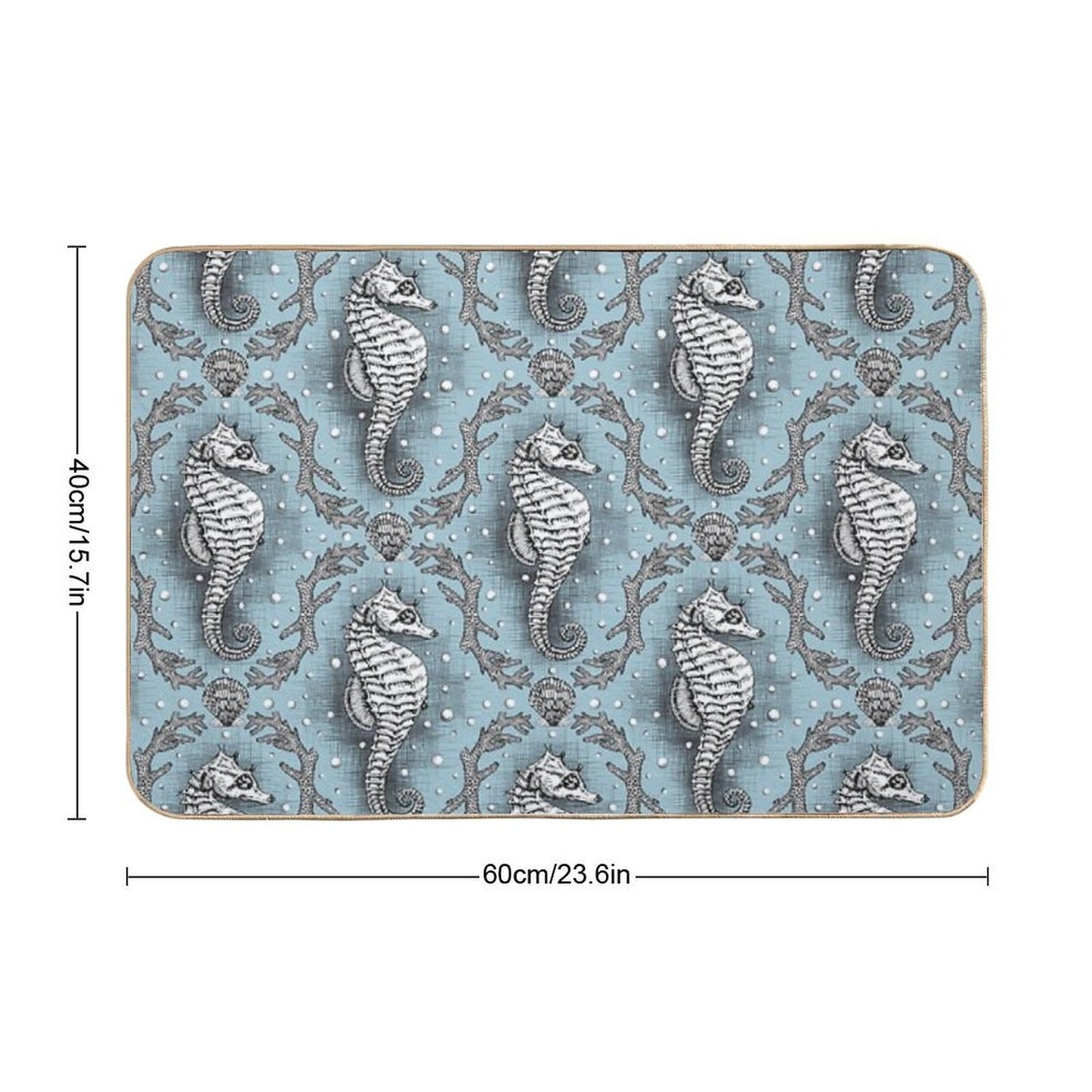 Victorian Seahorse Damask in Powder Blue Antique Steampunk  Stain-Proof Bath Mat