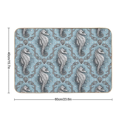 Victorian Seahorse Damask in Powder Blue Antique Steampunk  Stain-Proof Bath Mat