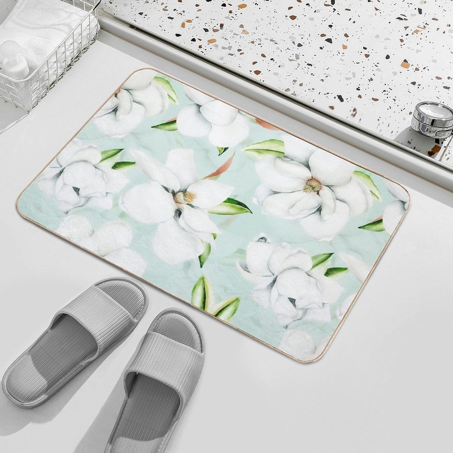 Vintage Magnolias Mint Botanical Garden Pattern  Fade-Resistant Bath Mat