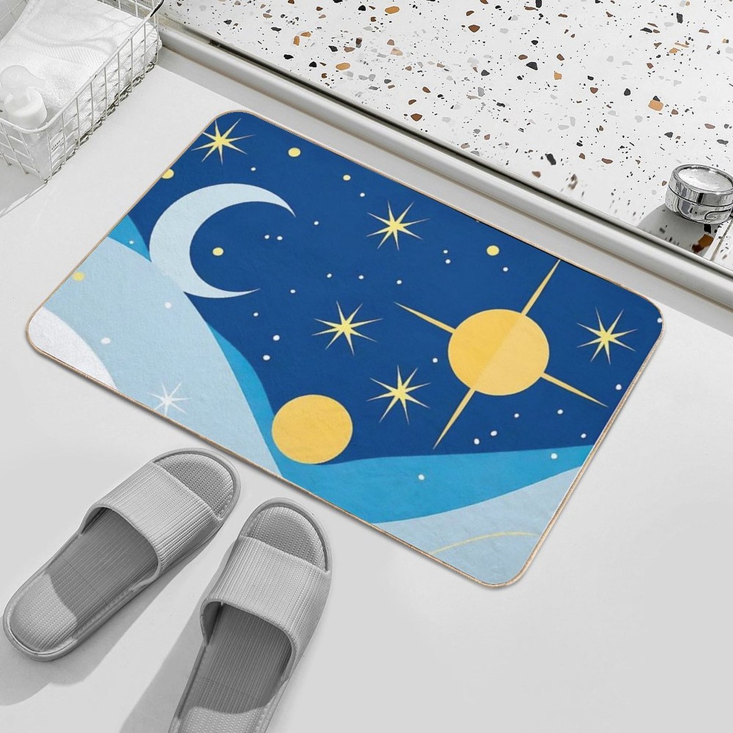 Abstract Horoscope Blue Sky Design with Stars, Moons And Suns in Deferent Shapes And Colors .  Easy To Clean Bath Mat